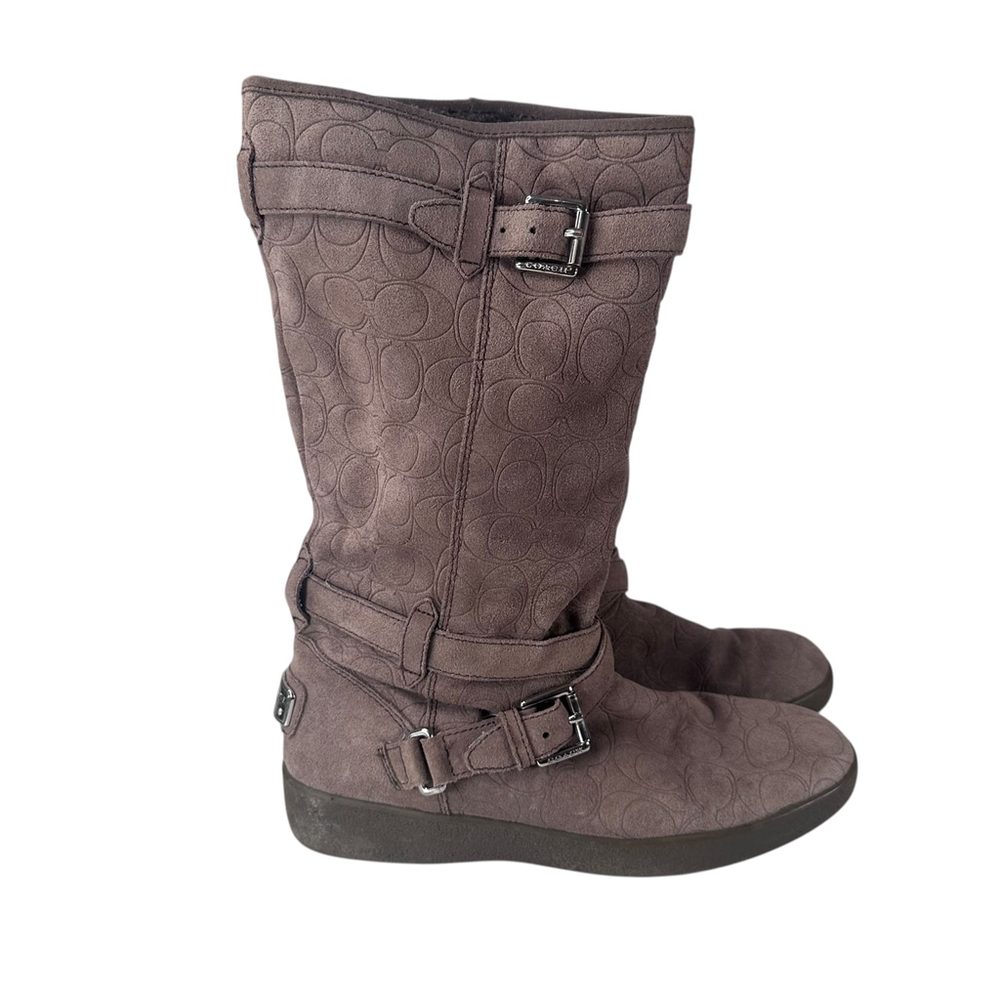 Coach Thelma Taupe Brown Signature Suede Buckle Mid-Calf Boots Women’s Size 10